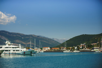 Luxury sea yachts moored on the pier.