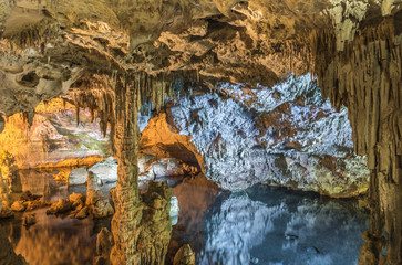 Beautiful stalactites and stalagnites of Neptune's Grotto- cave near Alghero, Sardinia, Italy