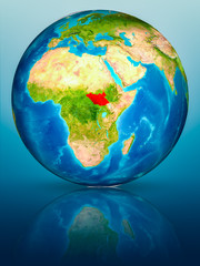 South Sudan on Earth on reflective surface