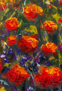 Red poppies textured blossoms with a palette knife closeup on background. Original oil painting of flowers,beautiful field flowers on canvas. Modern Impressionism. Impasto artwork. © weris7554