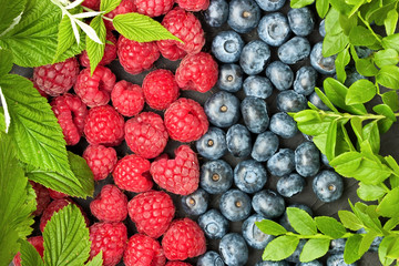 Blueberries and raspberries. Food background