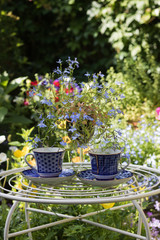 Fototapety  Obraz pionowy: dwie niebieskie filiżanki stoją na starym białym stole w słonecznym ogrodzie wśród kwiatów. Koncept: stół tylko dla dwojga.