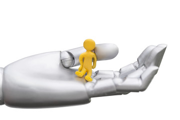 Konzeptionelles Foto einer Roboter Hand, die symbolisch ein sitzendes Männchen hält. Die Maschine unterstützt den Menschen. Mensch kann sich ausruhen und wird getragen.  - obrazy, fototapety, plakaty