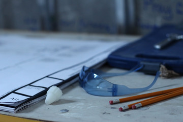 Construction Remodeling Interior Blueprints and Safety Glasses