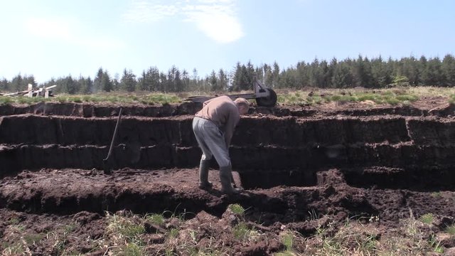 Fitting and Cutting Turf Peat with a spade in a Moss Bog in Ireland
