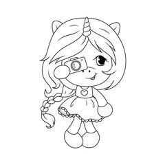 Cute baby unicorn with camera coloring page for girls. Vector.