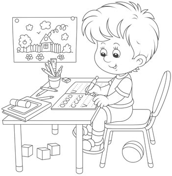 Little boy doing his homework in an exercise book with samples of writing, black and white vector illustration in a cartoon style for a coloring book