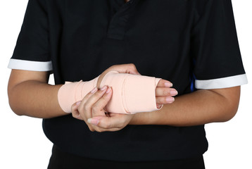 Arm splint, hand bandage, gauze bandage patient with Asian girl hand wrap injury isolated on white background.