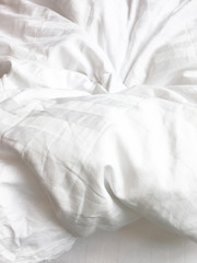 White Pillow On Bed And With Wrinkle Messy Blanket In Bedroom, From Sleeping In A Long Night Winter