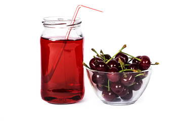 Cherries ripe, fresh isolated on white background. Cherry red ripe on white .. Fresh cherry in a glass bowl on a white background.