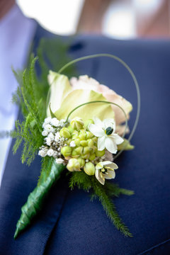 Corsage from man groom suit on wedding day.