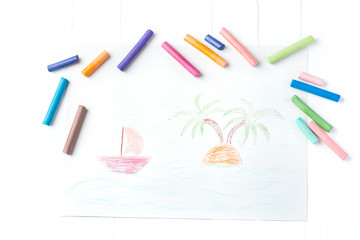 Children's drawing summer vacation. Summer, palm trees, sea, boat. Multicolored crayons, pastel.
