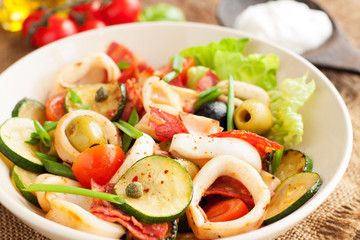 Mediterranean salad with seafood and vegetables