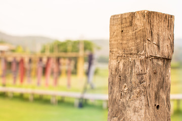 Wooden pole against a green field background