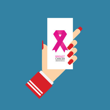 Brest cancer awareness symbol on card in hands illustration