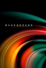 Fluid liquid colors design, colorful marble or plastic wavy texture background, glowing multicolored elements on black, for business or technology presentation or web brochure cover design, wallpaper