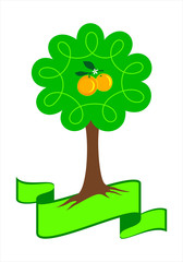 Stylized orange tree logo. Young orange tree with green leafs, roots and orange. Isolated vector illustration.