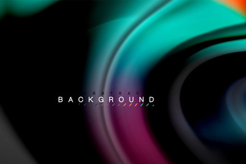 Fluid liquid colors design, colorful marble or plastic wavy texture background, glowing multicolored elements on black, for business or technology presentation or web brochure cover design, wallpaper