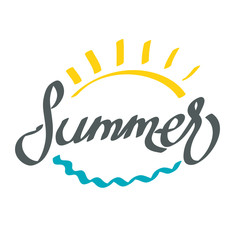 Hand drawing word Summer with abstract sun and ocean wave for your design, stock vector illustration