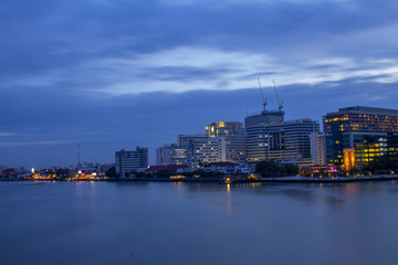 Chao Phraya River view at night and beautiful building lights.