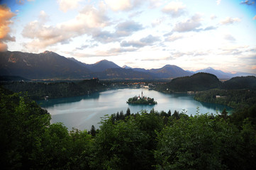 view of the lake of Bled and its island in Slovenia