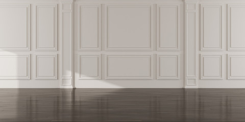 Perspective of the sun light cast the shadow on white empty room and dark laminate wood floor,classic interior style.blank space architecture. 3D rendering.