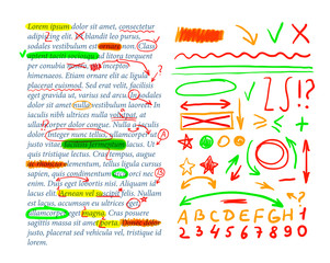 Vector Text Correction Marks, Text Template, Design Elements Set, Exercise Book Check.