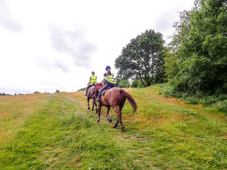 Two women horse riding on Chorleywood Common, Hertfordshire