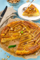 Banana tart tarte tatin with caramel and walnuts
