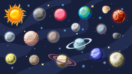 Solar system vector cartoon collection. Planets, moons of Earth, Jupiter and other planet of Solar system, with asteroids, Sun and planet rings. Set of cartooning planets of Solar system, space vector © kirasolly