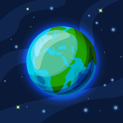 Earth vector cartoon and flat illustration. Green and blue Earth planet in starry space with atmosphere glowing. Vector Earth illustration, with continents and oceans in front