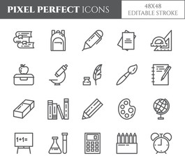 School supplies line editable pixel perfect icons set with various elements for study and education process.