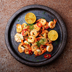 Prawns Shrimps roasted on  pan with lemon and garlic on dark rustic background. top view.