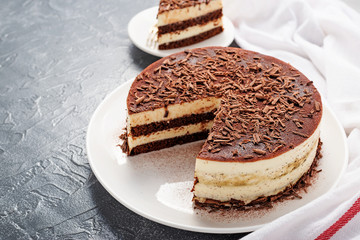 Homemade tiramisu cake, italian dessert on gray  background.