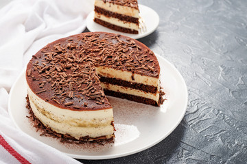 Homemade tiramisu cake, italian dessert on gray  background.