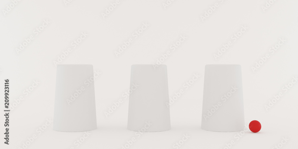 Poster closeup of shell game,white three glass with red small ball on white background,3d rendering