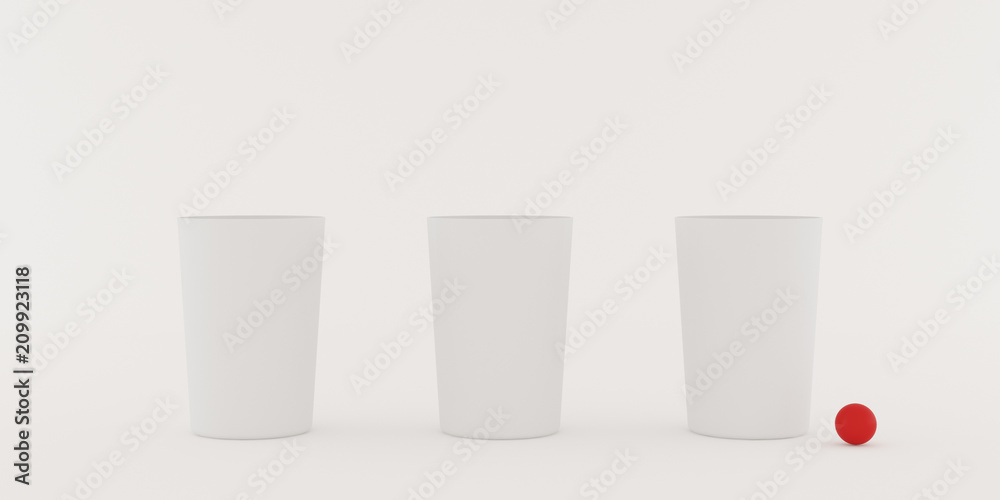 Aufkleber closeup of shell game,white three glass with red small ball on white background,3d rendering
