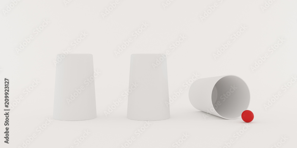 Poster closeup of shell game,white three glass with red small ball on white background,3d rendering