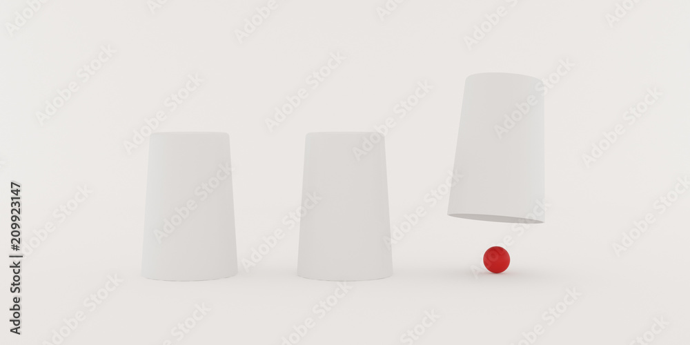 Poster closeup of shell game,white three glass with red small ball on white background,3d rendering