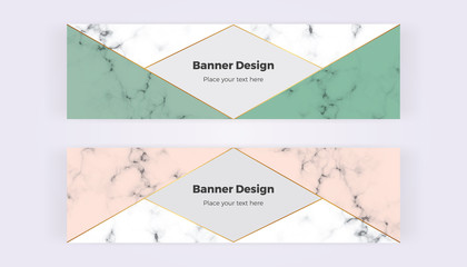 Geometric web banners with pink and green triangles. Modern luxury and fashion design with marble texture. Horizontal template for business, card, flyer, invitation, social media.