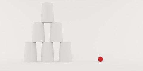 Closeup of shell game,white three glass with red small ball on white background,3d rendering