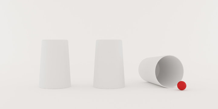 Closeup of shell game,white three glass with red small ball on white background,3d rendering