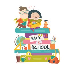 Boy and girl sitting on piles of books. Back to school