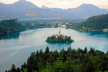 view of the lake of Bled and its island in Slovenia