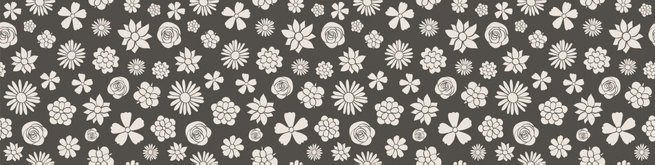 Beautiful flora banner - panoramic header with seamless pattern. Vector.