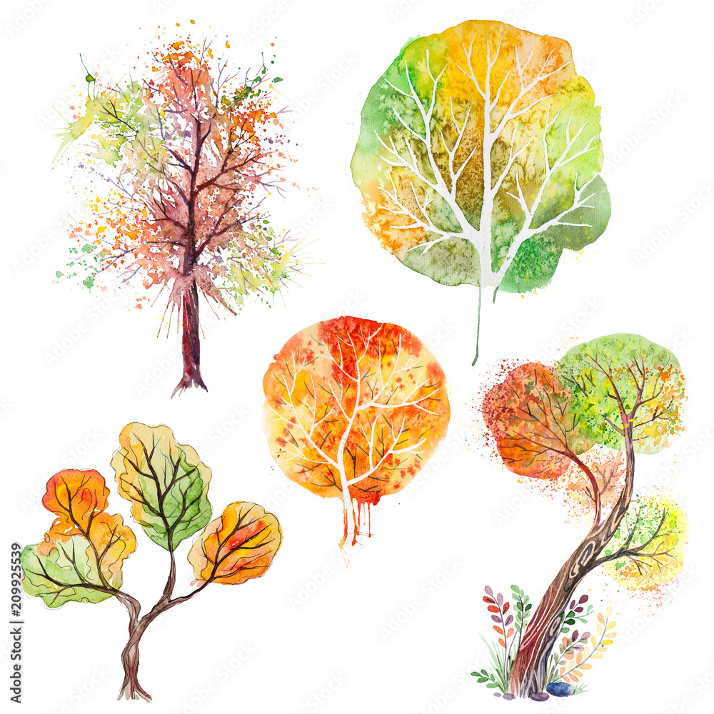 Wall mural Set of watercolor hand drawn orange,yellow,green autumn trees, elements for yours landscape design project, isolated on the white square background - Wall murals