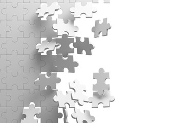 Exploding jigsaw puzzle on white background. Breaking the wall. 3d illustration