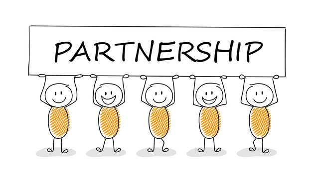 Business illustration concept with cartoon stickman holding board with text: partnership. Vector.
