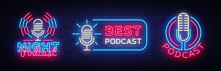Podcast Neon sign collection vector design template. Podcast neon logo, light banner design element colorful modern design trend, night bright advertising, bright sign. Vector illustration - obrazy, fototapety, plakaty