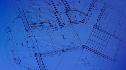 architectural blueprint - the architectural plan of a modern residential building with the layout of the interiors of different rooms, elements of furniture & equipment on a  technological background